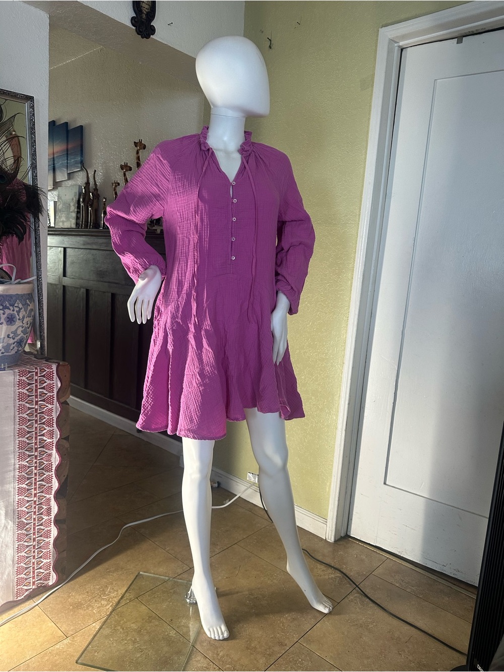 Magaschoni Fuchsia Long-Sleeve Ruffle-Neck Mini Dress